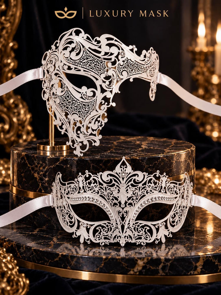 White Crown Metal Mask for Women & White One Eye Phantom Mask for Men | Clear Stone Rhinestone Venetian Masquerade Couple Set - image 7