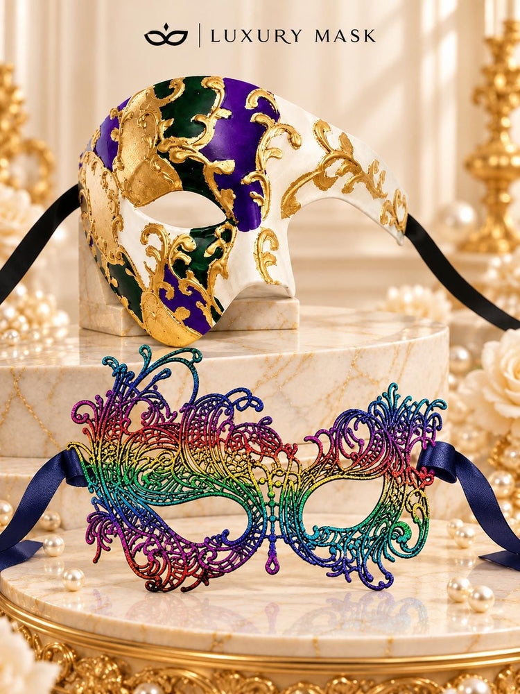 Rainbow Swan Lace Mask for Women & Purple Gold Green Phantom Mask for Men | Colorful Venetian Masquerade Couple Masks - image 6