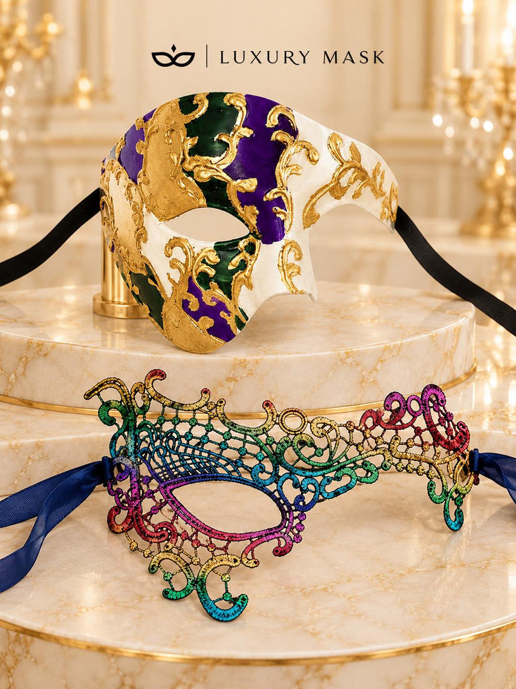 Purple Gold Green Phantom Mask for Men & Rainbow Phantom Lace Mask for Women | Colorful Venetian Masquerade Couple Set - image 6