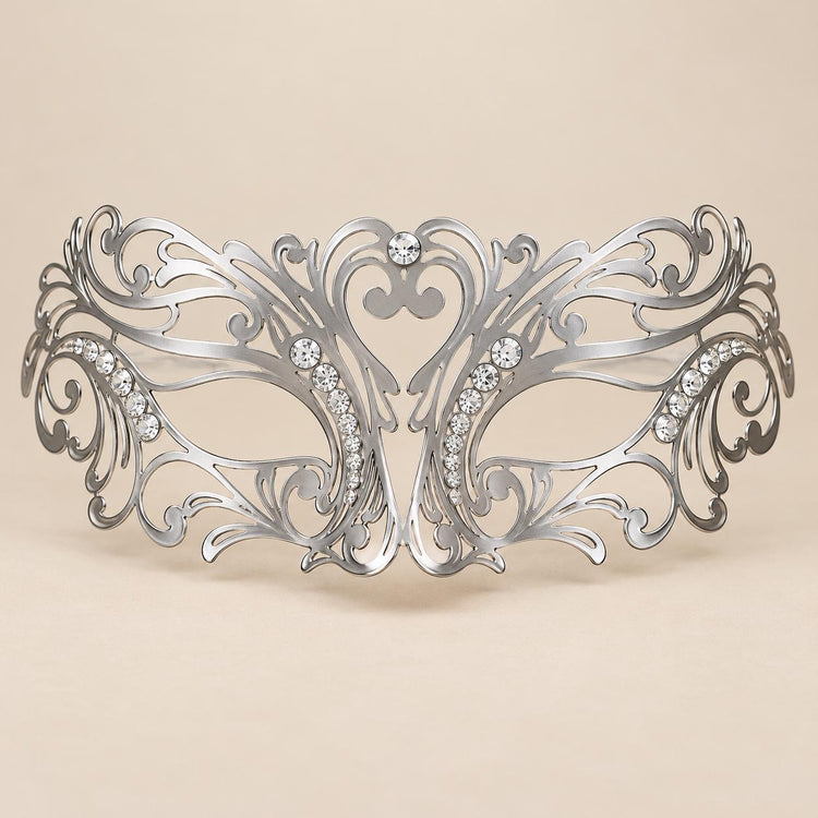 Silver Masquerade Mask with Clear Rhinestones for Women, Heart Design Metal Eye Mask for Prom and Costume Parties - image 5