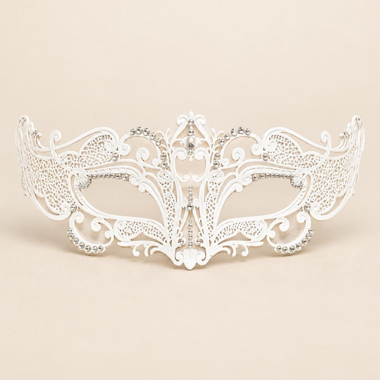 White Curved Cutout Masquerade Mask with Clear Rhinestones for Women - image 5