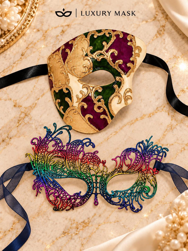 Purple Gold Green One Eye Phantom Mask for Men & Rainbow Swan Lace Mask for Women | Venetian Colorful Couple Masquerade Masks - image 6