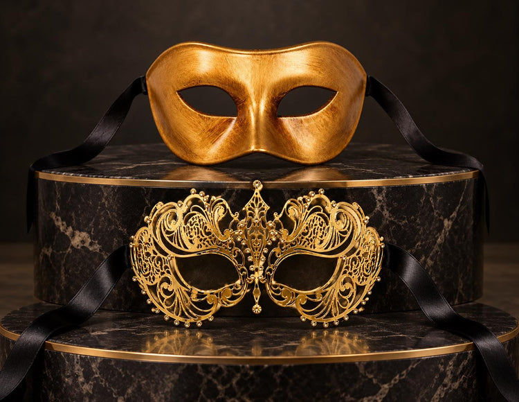 Gold Classic Venetian Mask for Men & Gold Rhinestone Metal Mask for Women | Half Face Masquerade Couple Set - image 6