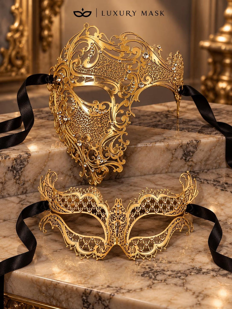 Gold Clear Stone Laser Cut Phantom Mask for Men & Gold Butterfly Rhinestone Metal Mask for Women | Venetian Masquerade Couple Set - image 6