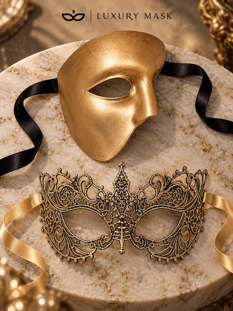 Gold One-Eye Phantom Mask for Men & Gold Lace Masquerade Mask for Women | Venetian His and Hers Couple Set - image 6
