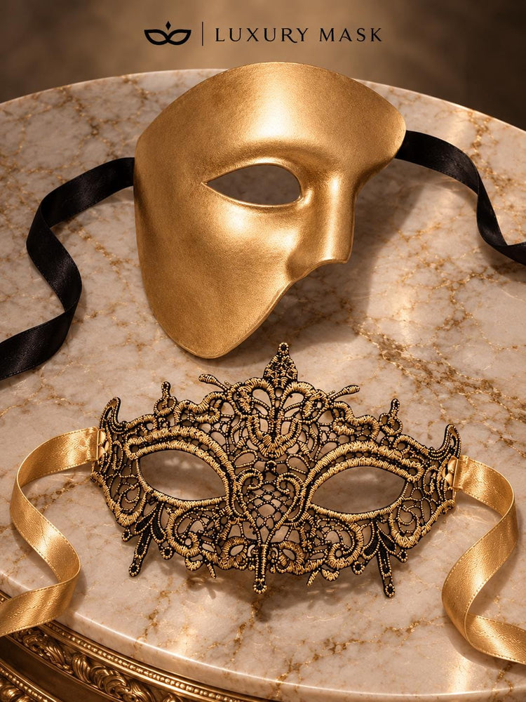 Gold matching masquerade masks for couples, men’s Venetian and women’s lace eye masks – view 6