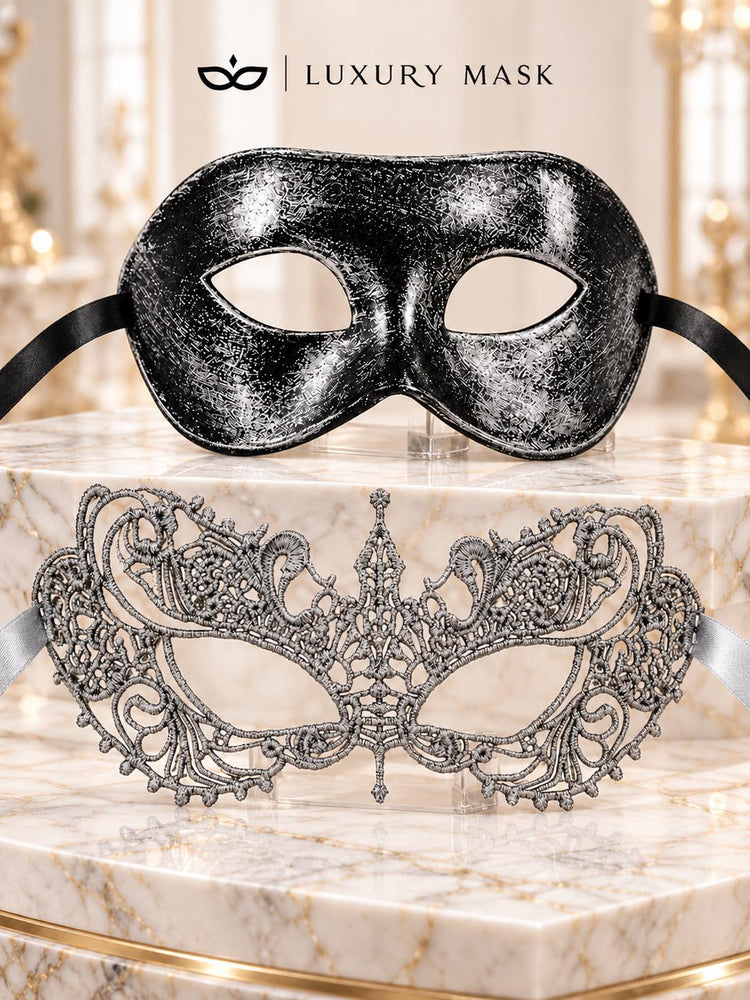 Black & Silver matching masquerade masks for couples, men’s Venetian and women’s lace eye masks – view 6