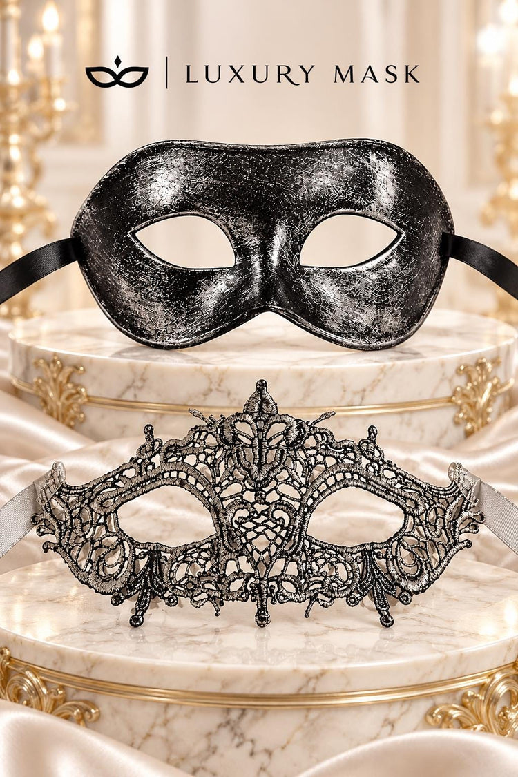 Black & Silver matching masquerade masks for couples, men’s Venetian and women’s lace eye masks – view 6