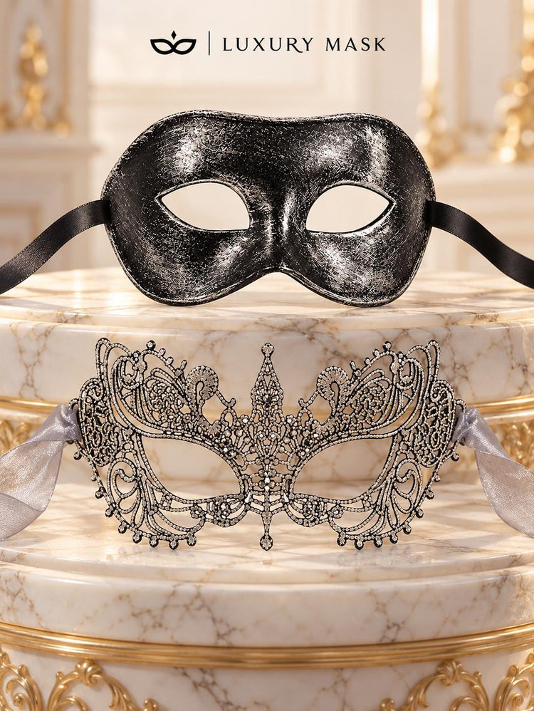 Black & Silver matching masquerade masks for couples, men’s Venetian and women’s lace eye masks – view 6