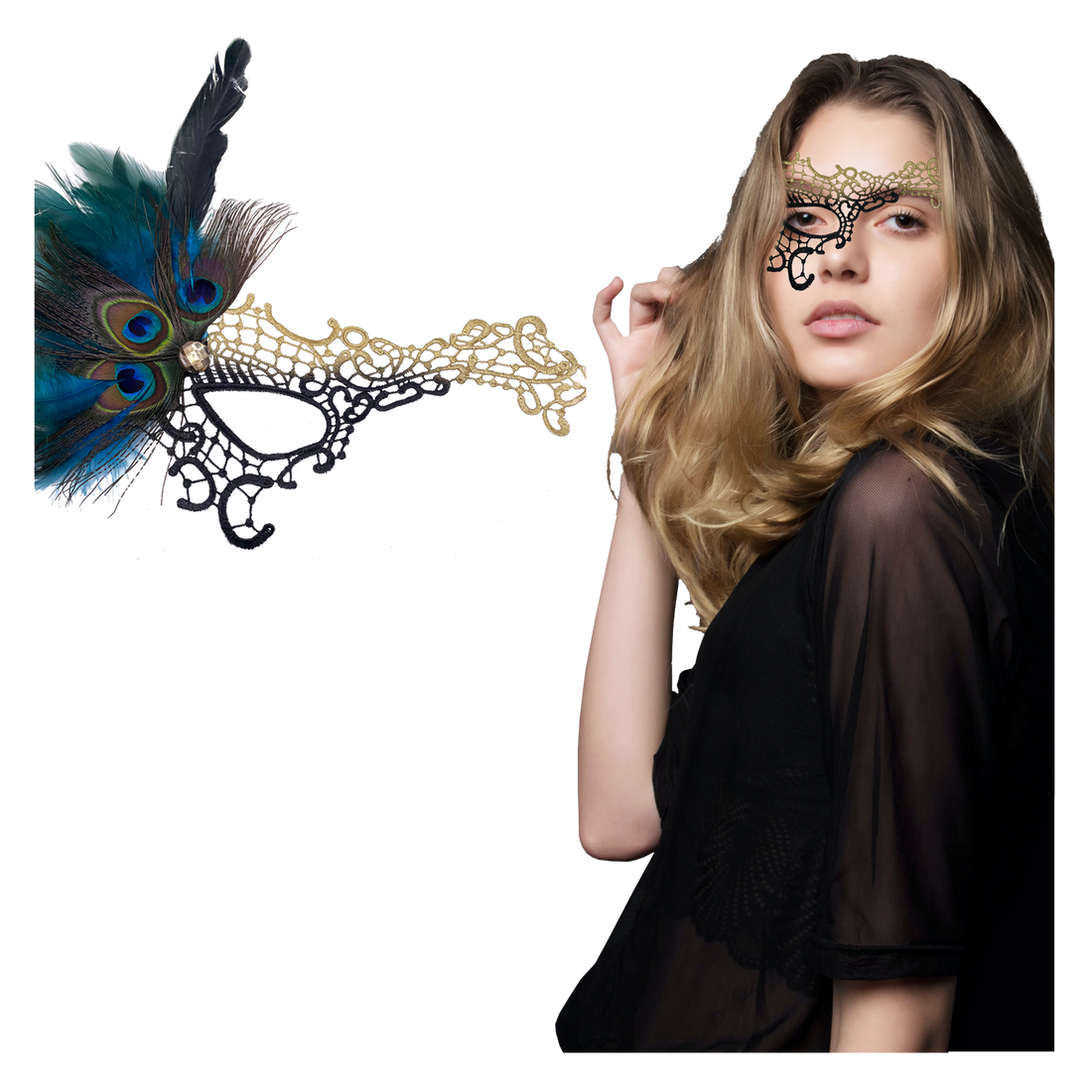 Unleash the Mystery with the Turquoise Feather Black Gold Theme Lace Masquerade Mask