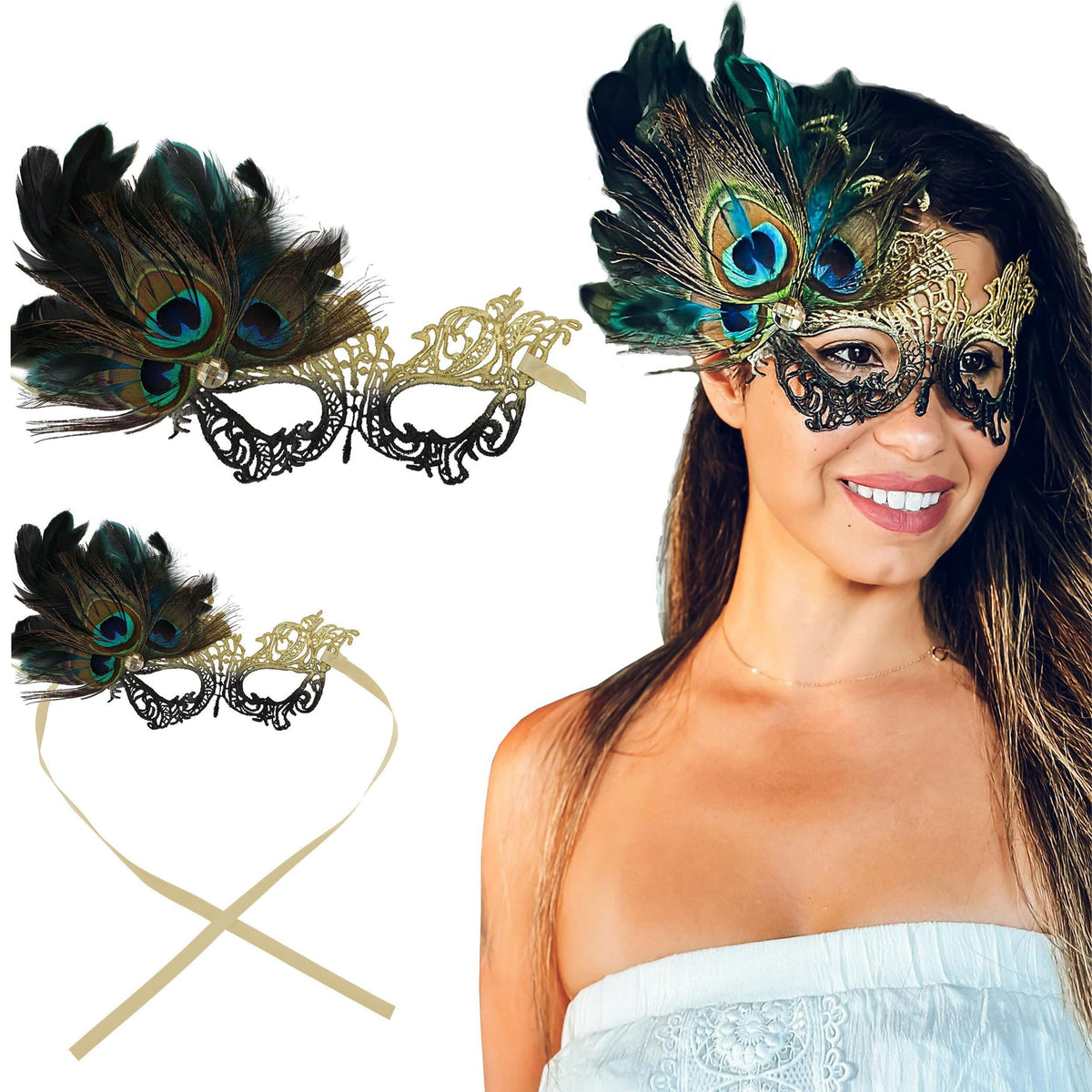 Turquoise Feather Silver Theme Lace Masquerade Mask for Women | Feather Masquerade Masks with Peacock Feathers | Elegant Costume Accessory