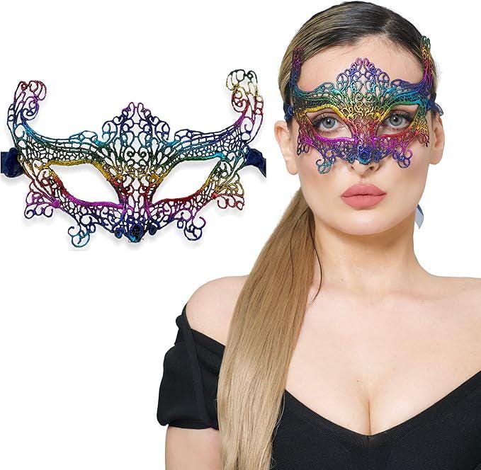 Black Starlet Lace Masquerade Mask for Women | Venetian Costume Mask for Prom, Masquerade Ball, Mardi Gras & Halloween - Starlet Rainbow