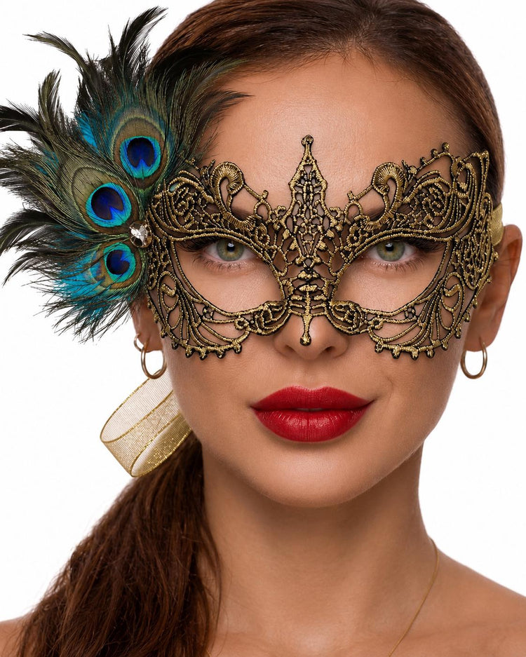 Gold peacock feather masquerade mask for women product view 3