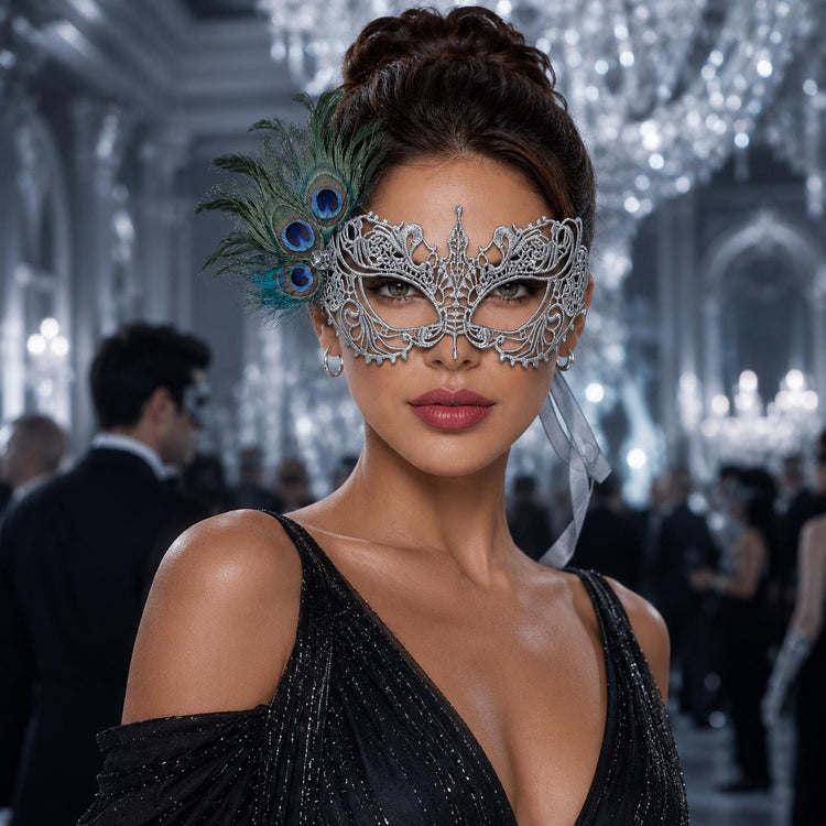 Silver peacock feather masquerade mask for women product view 2