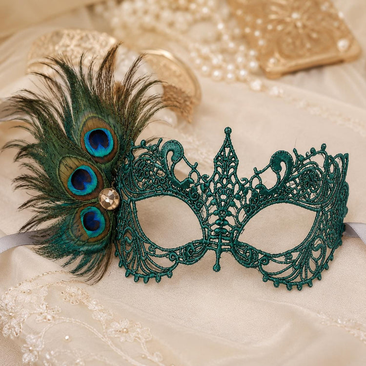 Teal peacock feather masquerade mask for women product view 3