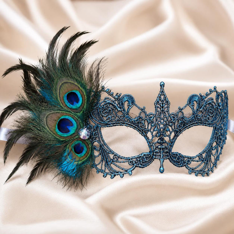 Blue peacock feather masquerade mask for women product view 2