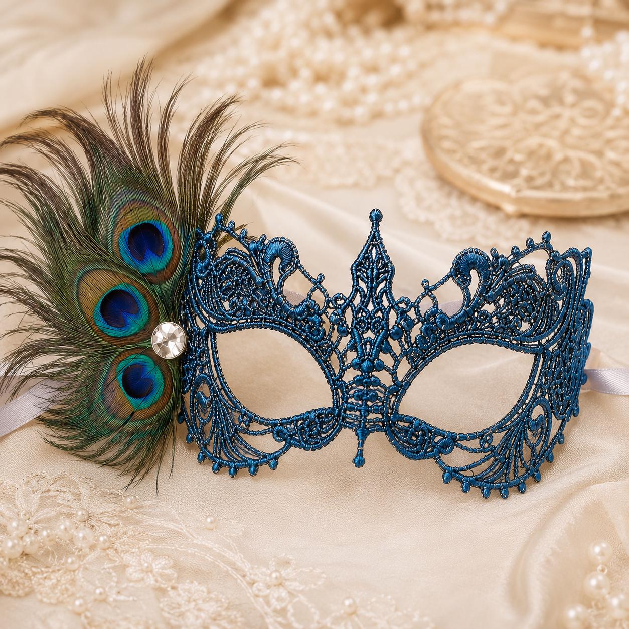 Blue peacock feather masquerade mask for women product view 3
