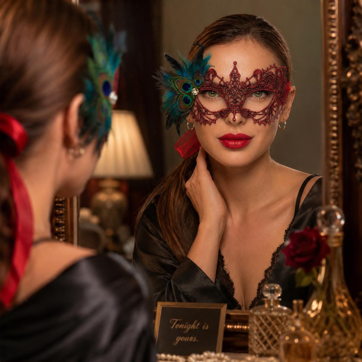 Red peacock feather masquerade mask for women product view 2