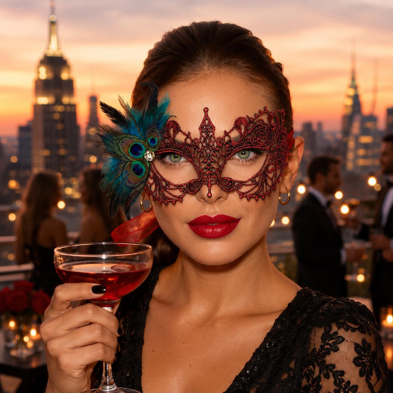 Red peacock feather masquerade mask for women product view 5