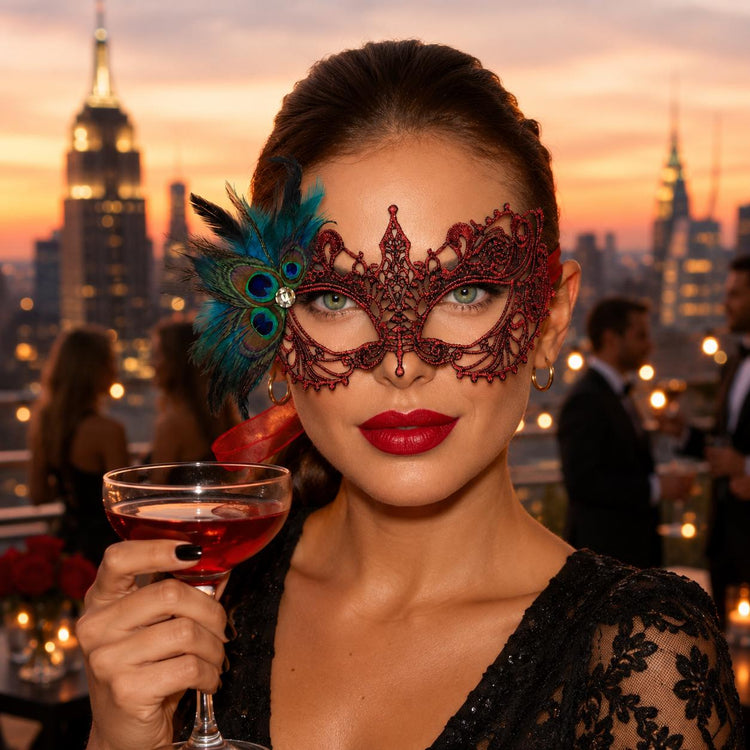 Red peacock feather masquerade mask for women product view 5