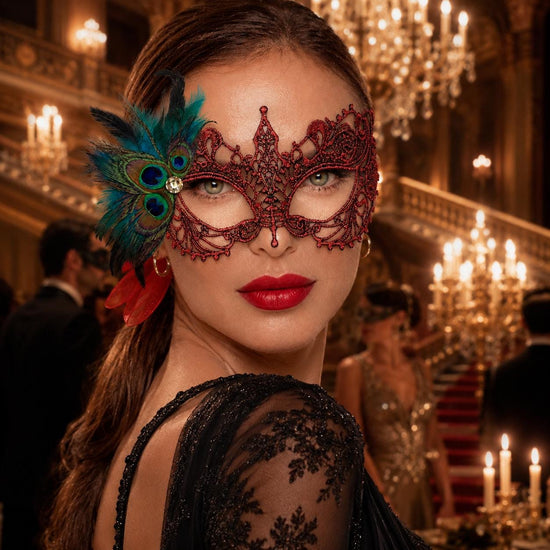 Red peacock feather masquerade mask for women
