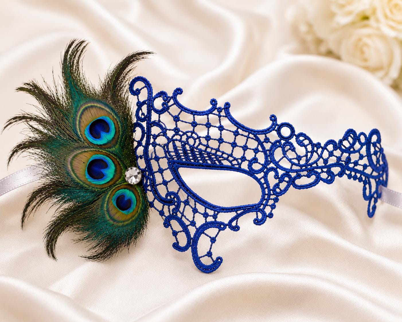 Blue peacock feather masquerade mask for women product view 2