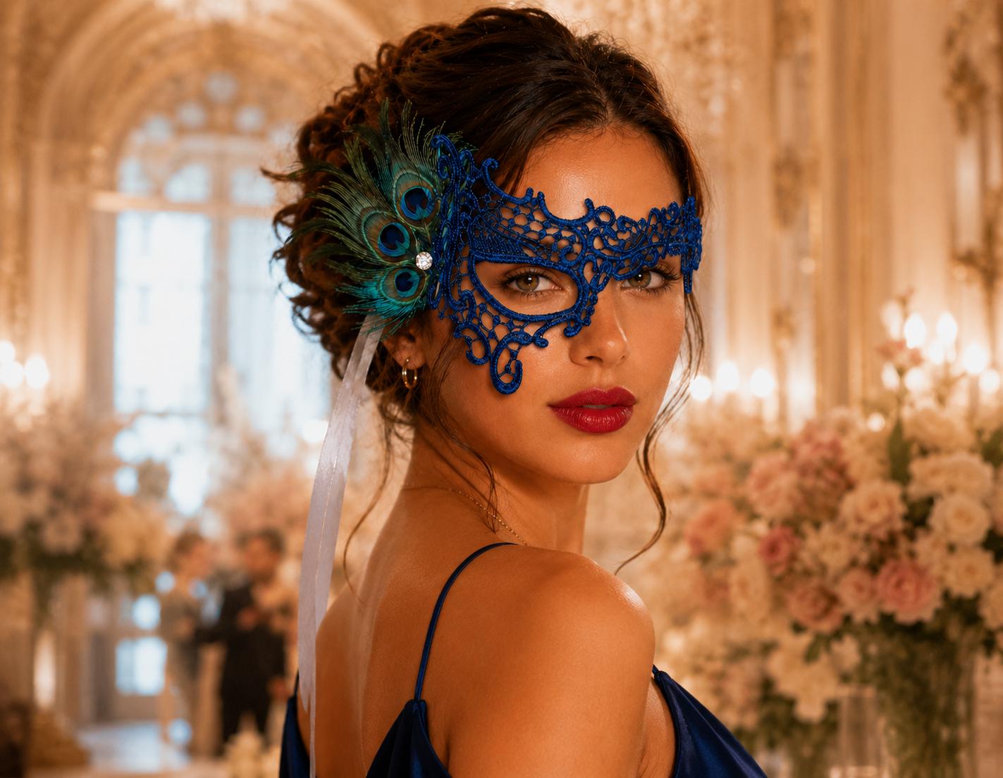 Blue peacock feather masquerade mask for women product view 3