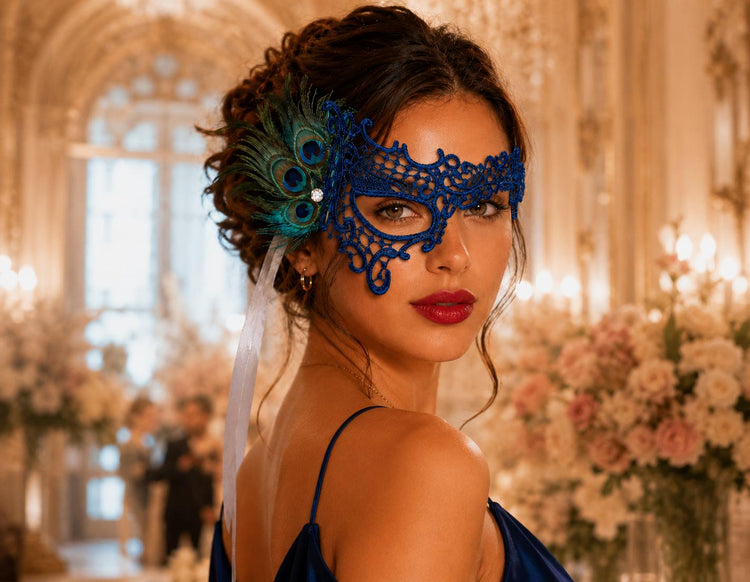 Blue peacock feather masquerade mask for women product view 3