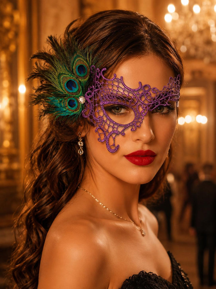 Purple peacock feather masquerade mask for women product view 4