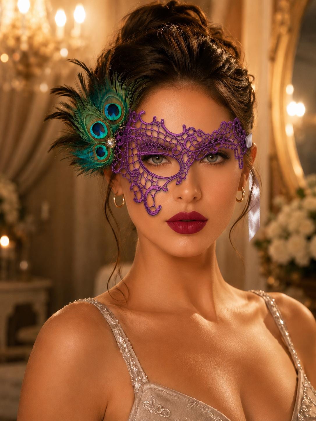 Purple peacock feather masquerade mask for women
