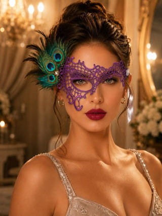 Purple peacock feather masquerade mask for women