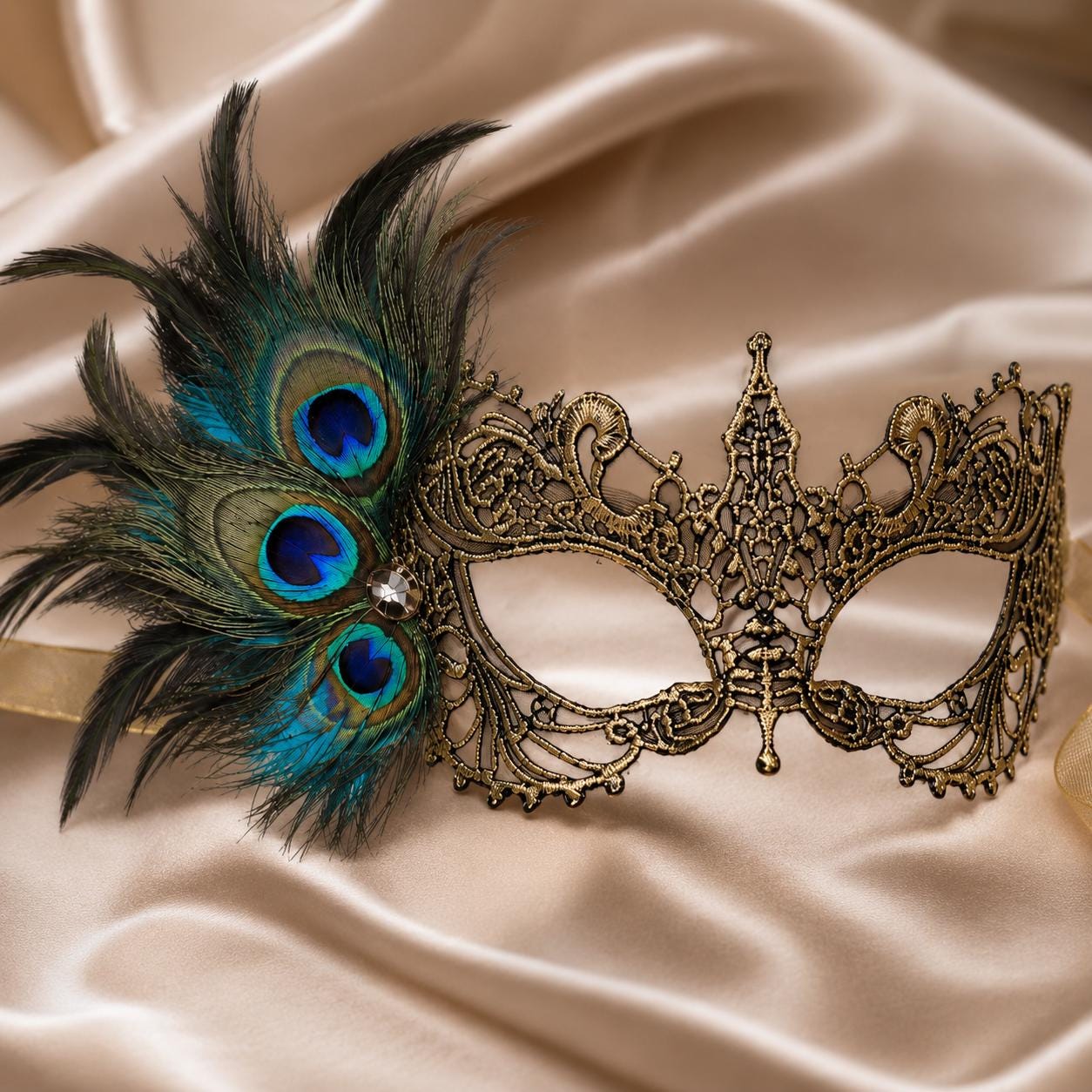 Gold peacock feather masquerade mask for women product view 2