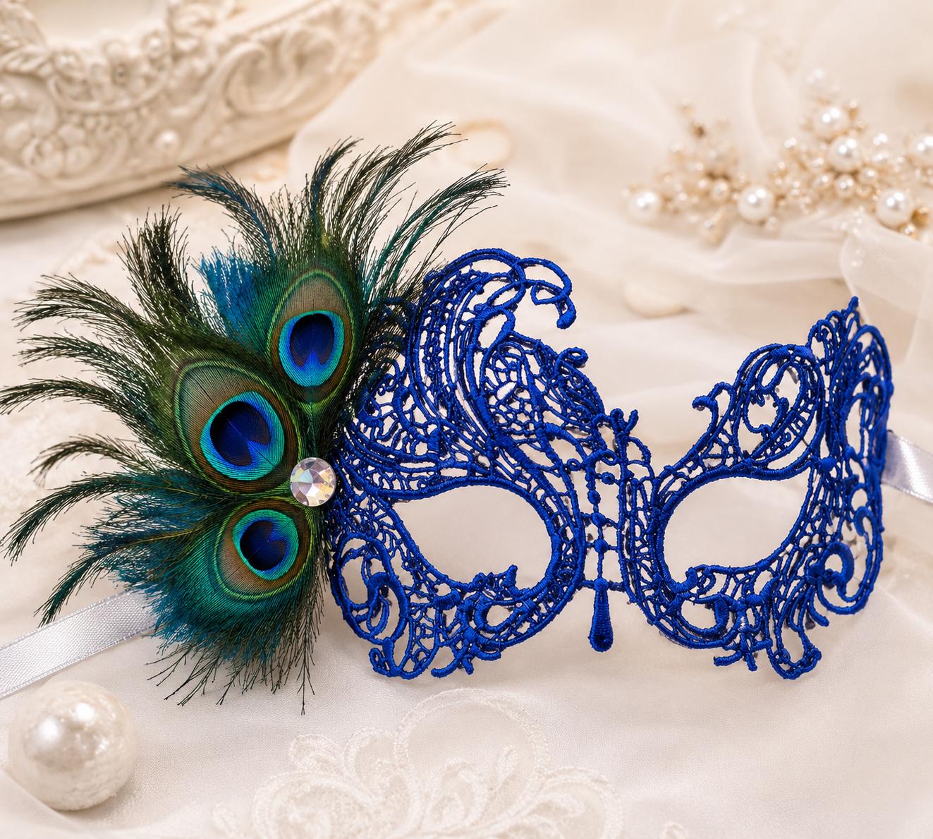 Blue Purple peacock feather masquerade mask for women product view 2