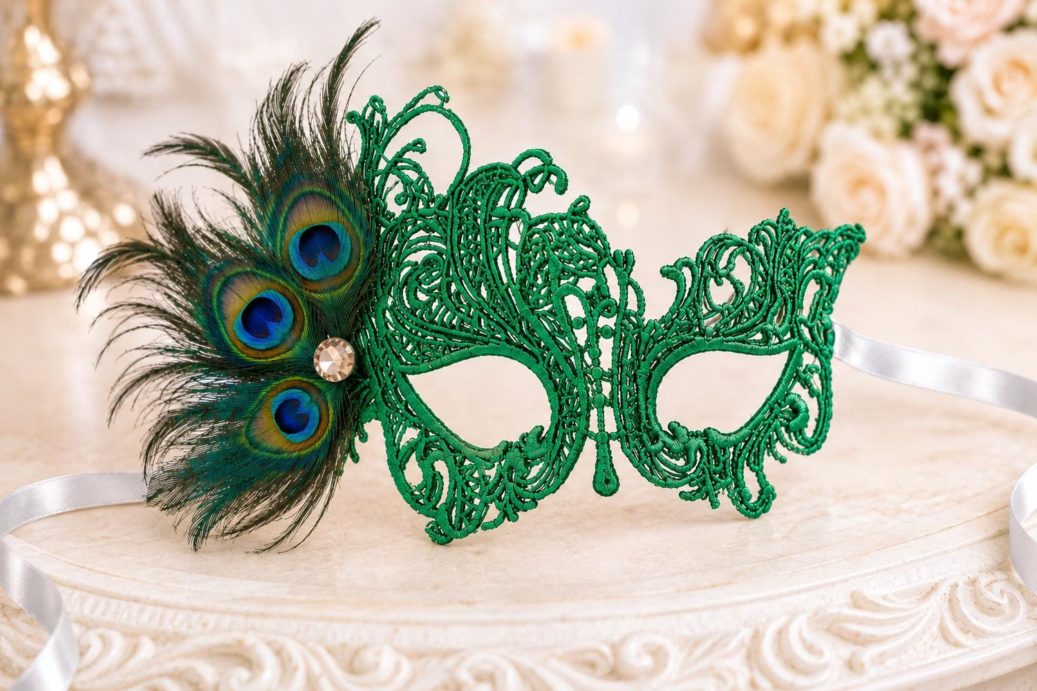 Green peacock feather masquerade mask for women product view 3