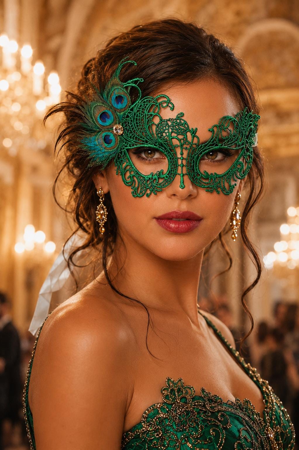 Green peacock feather masquerade mask for women product view 4