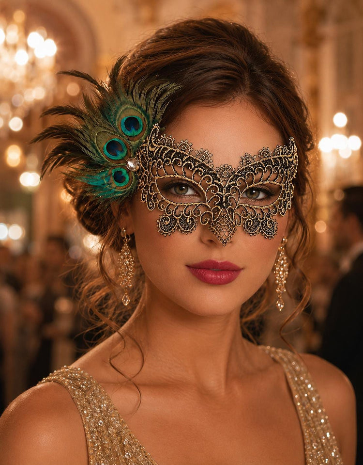 Black Gold peacock feather masquerade mask for women