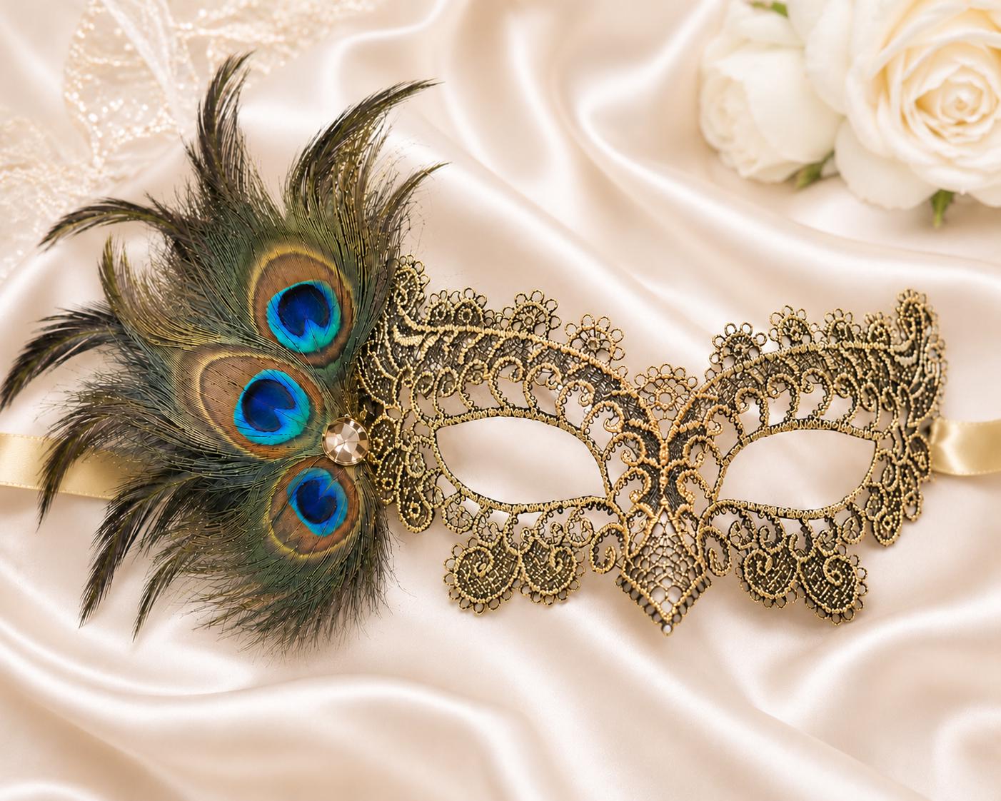 Black Gold peacock feather masquerade mask for women product view 3