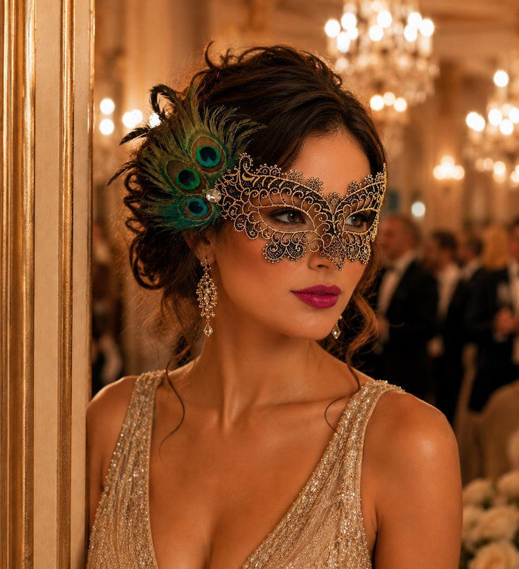 Black Gold peacock feather masquerade mask for women product view 4
