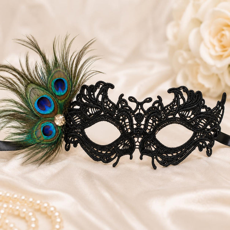 Black peacock feather masquerade mask for women product view 3