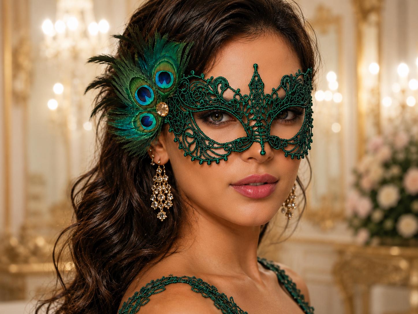 Green peacock feather masquerade mask for women product view 2