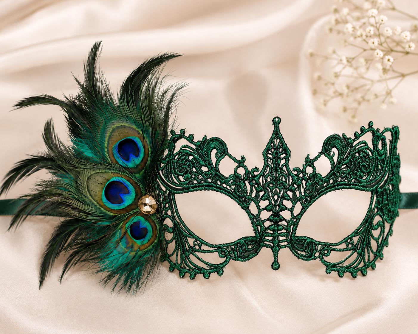 Green peacock feather masquerade mask for women product view 4