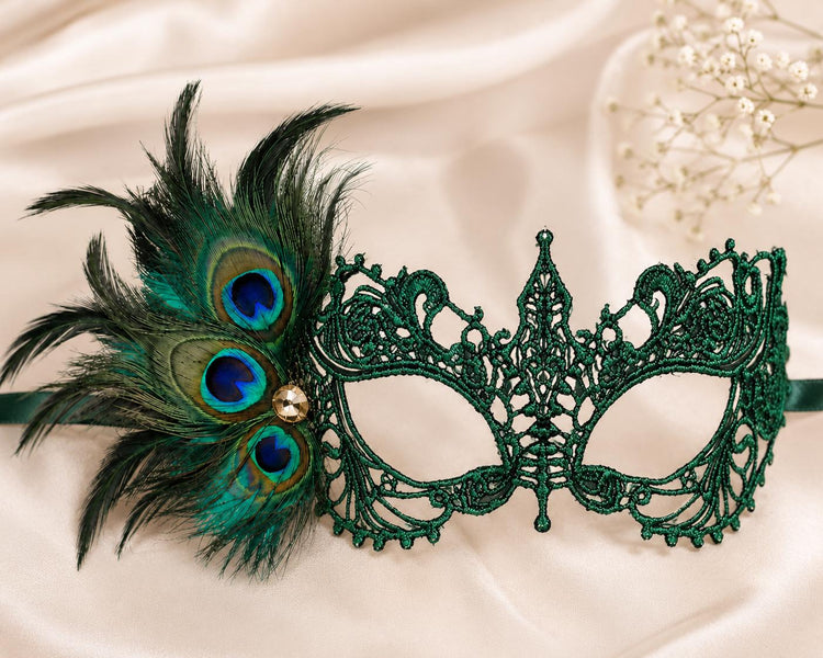 Green peacock feather masquerade mask for women product view 4