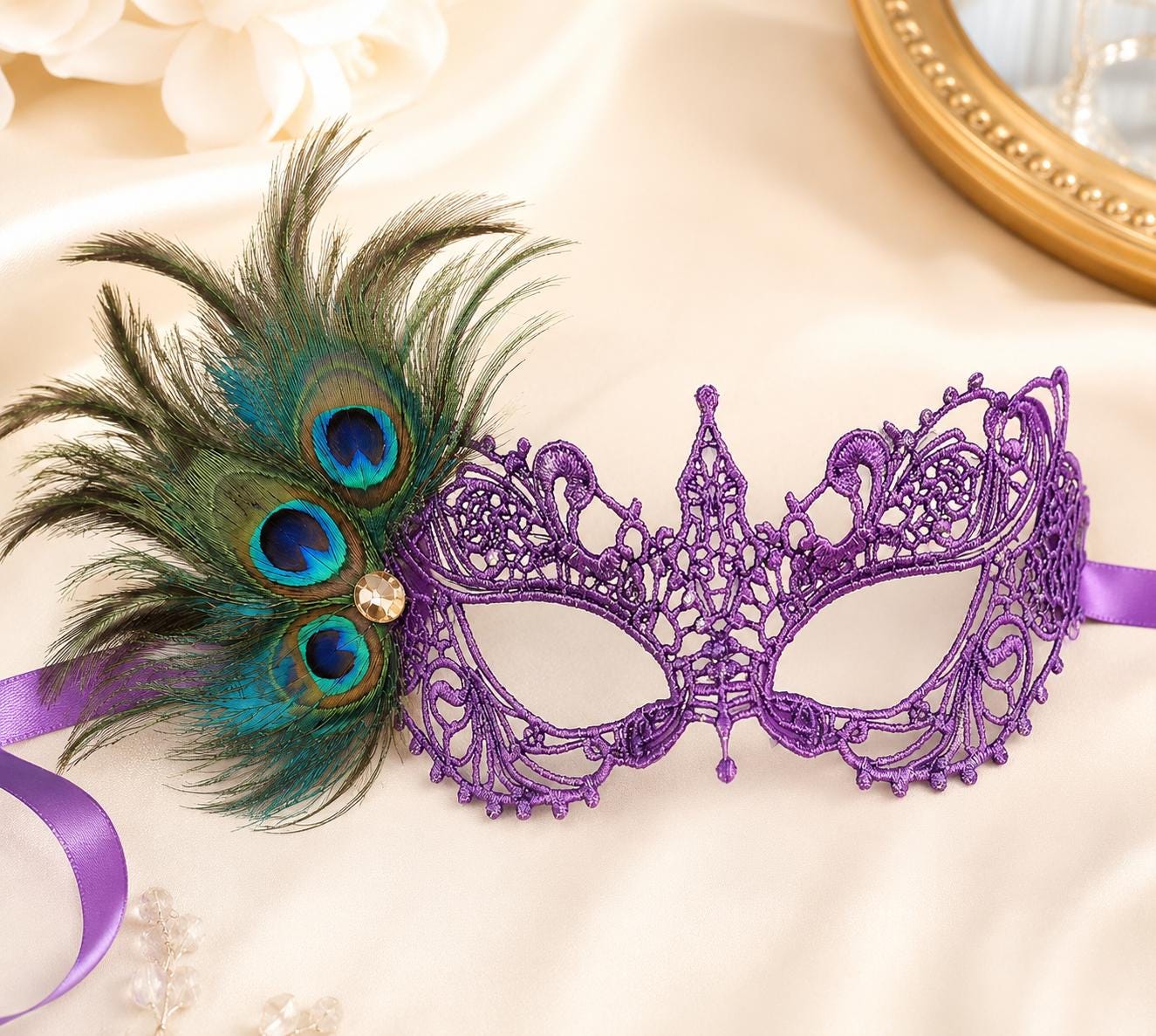 Purple peacock feather masquerade mask for women product view 2