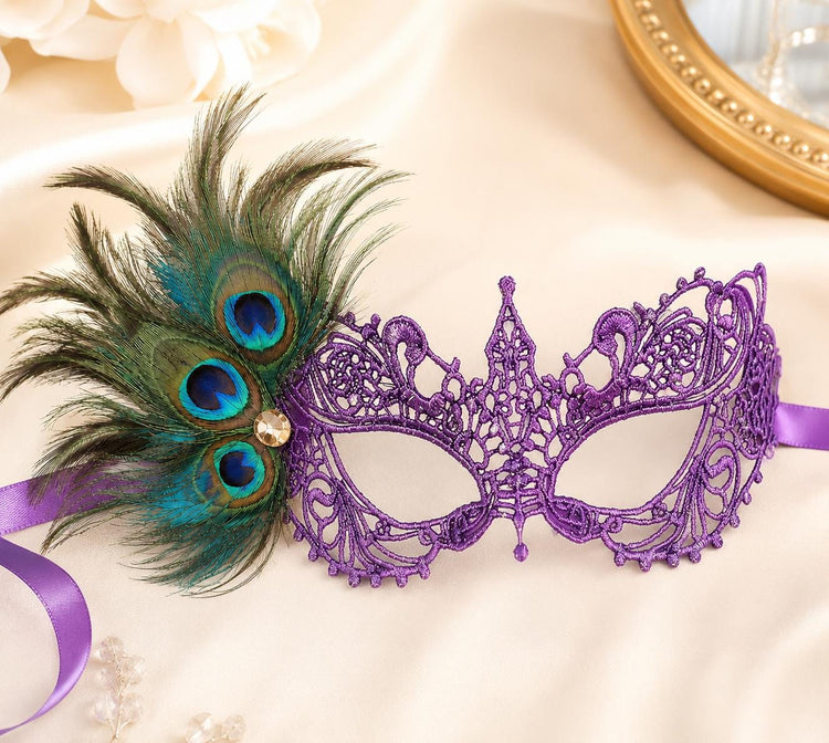 Purple peacock feather masquerade mask for women product view 2