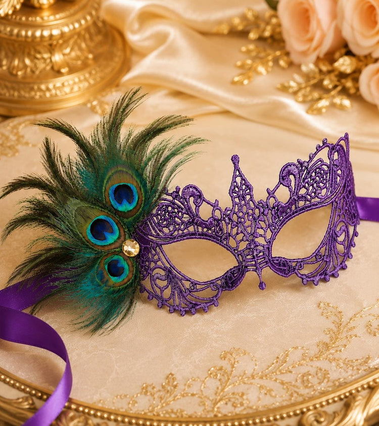 Purple peacock feather masquerade mask for women product view 3