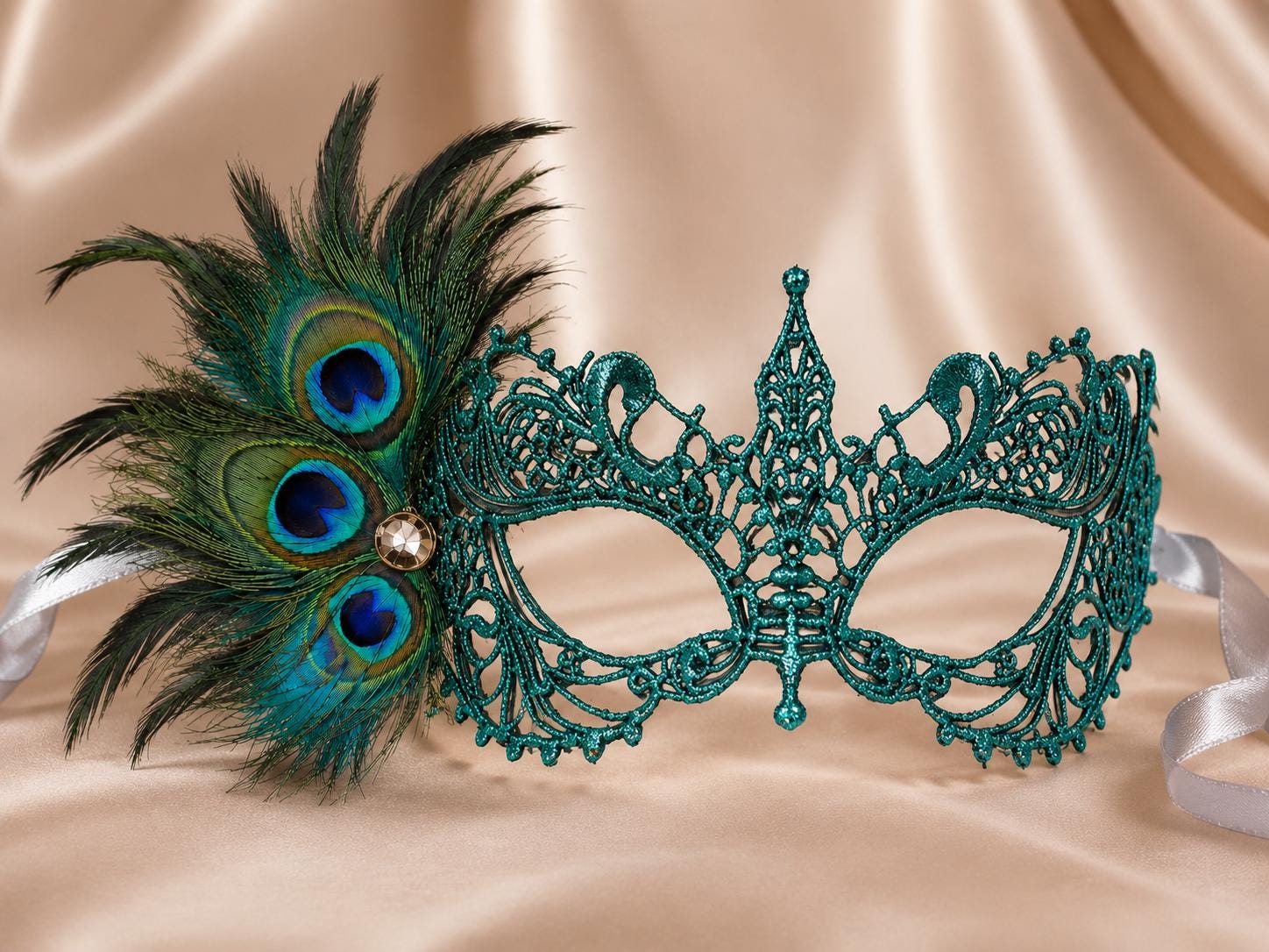 Teal peacock feather masquerade mask for women product view 2