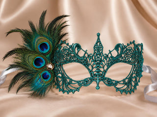 Teal peacock feather masquerade mask for women product view 2