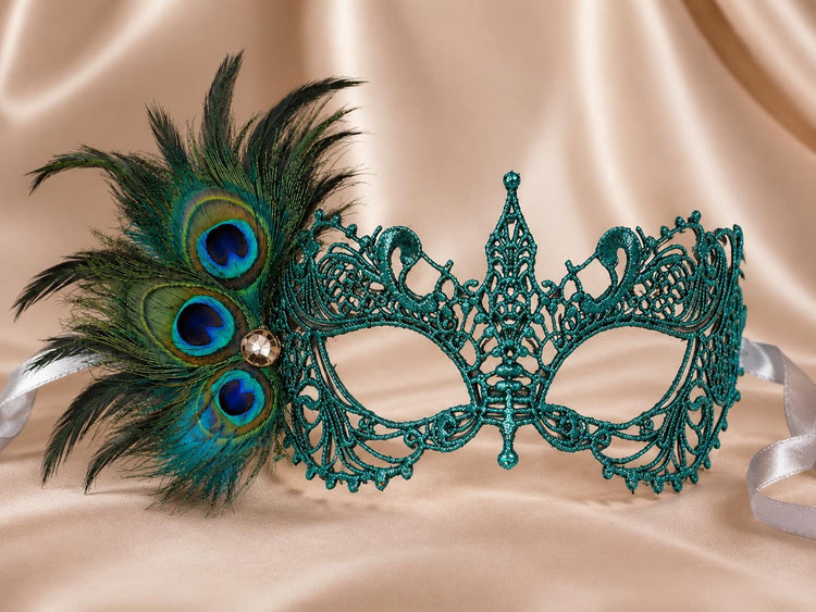 Teal peacock feather masquerade mask for women product view 2