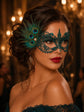 Teal peacock feather masquerade mask for women product view 4