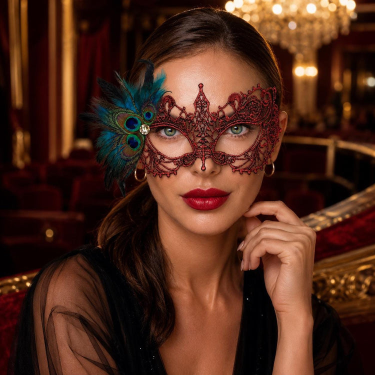 Red peacock feather masquerade mask for women product view 3